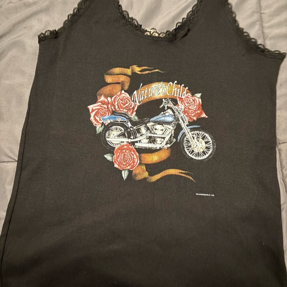 Black Tank Top with Motorcycle and Rose Design